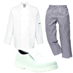 veste-cuisine-blanche-pantalon-pied-de-poule-chaussure-cuisine-blanche