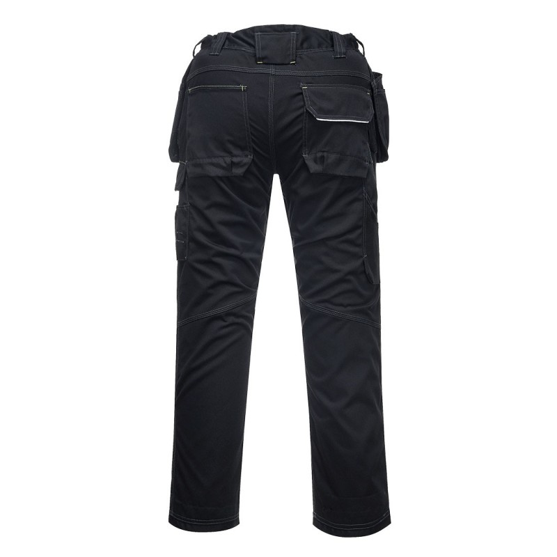 Pantalon de travail noir stretch Portwest poches holster | Genouillères de protection